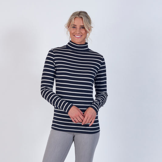 Vassalli's High Neck Top for women made from merino wool, in ink stripe colourway