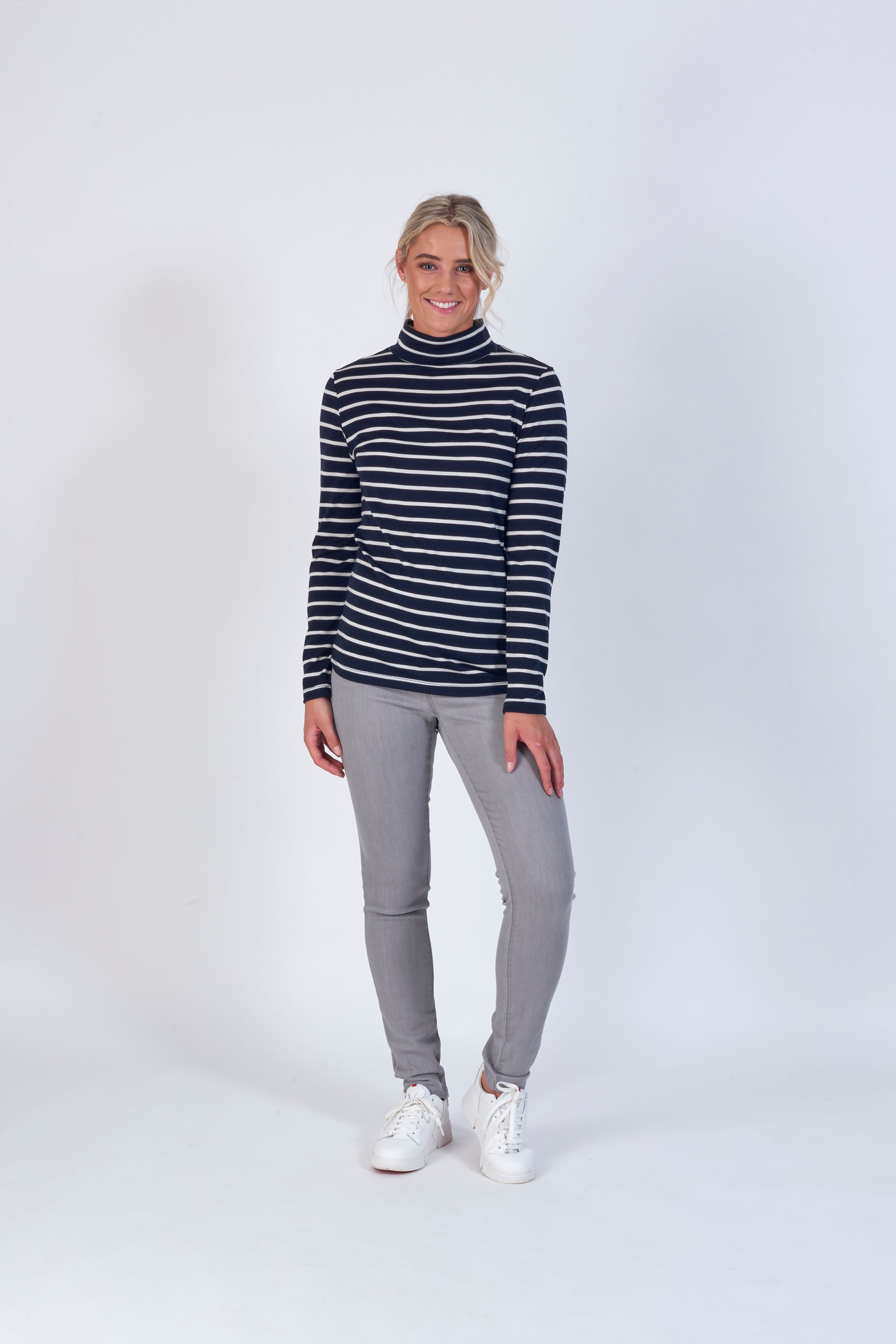 Vassalli's High Neck Top for women made from merino wool, in ink stripe colourway