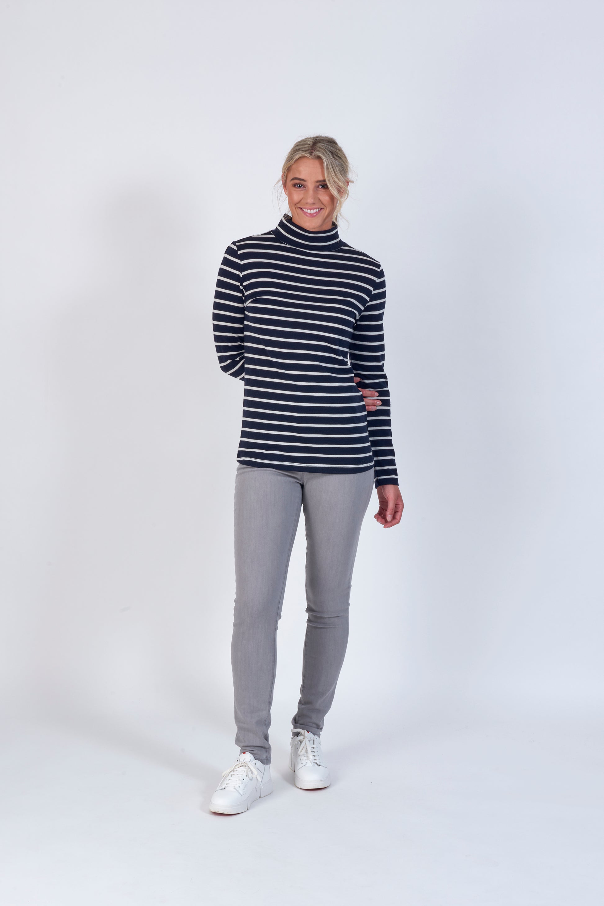 Vassalli's High Neck Top for women made from merino wool, in ink stripe colourway