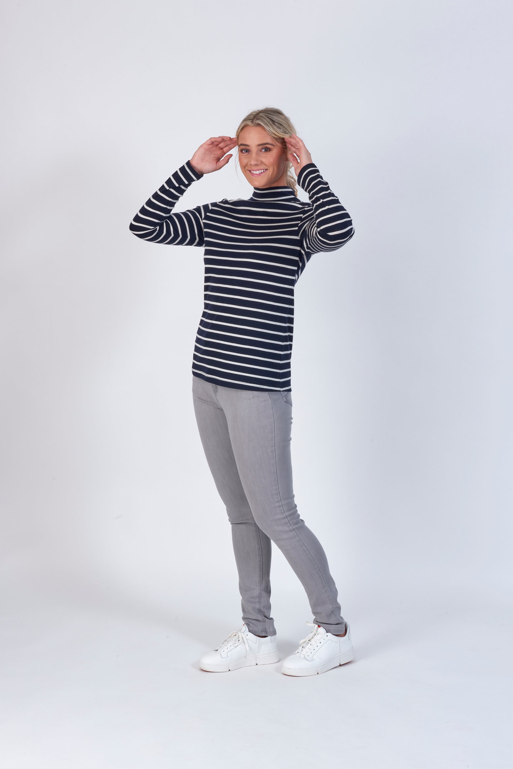 Vassalli's High Neck Top for women made from merino wool, in ink stripe colourway