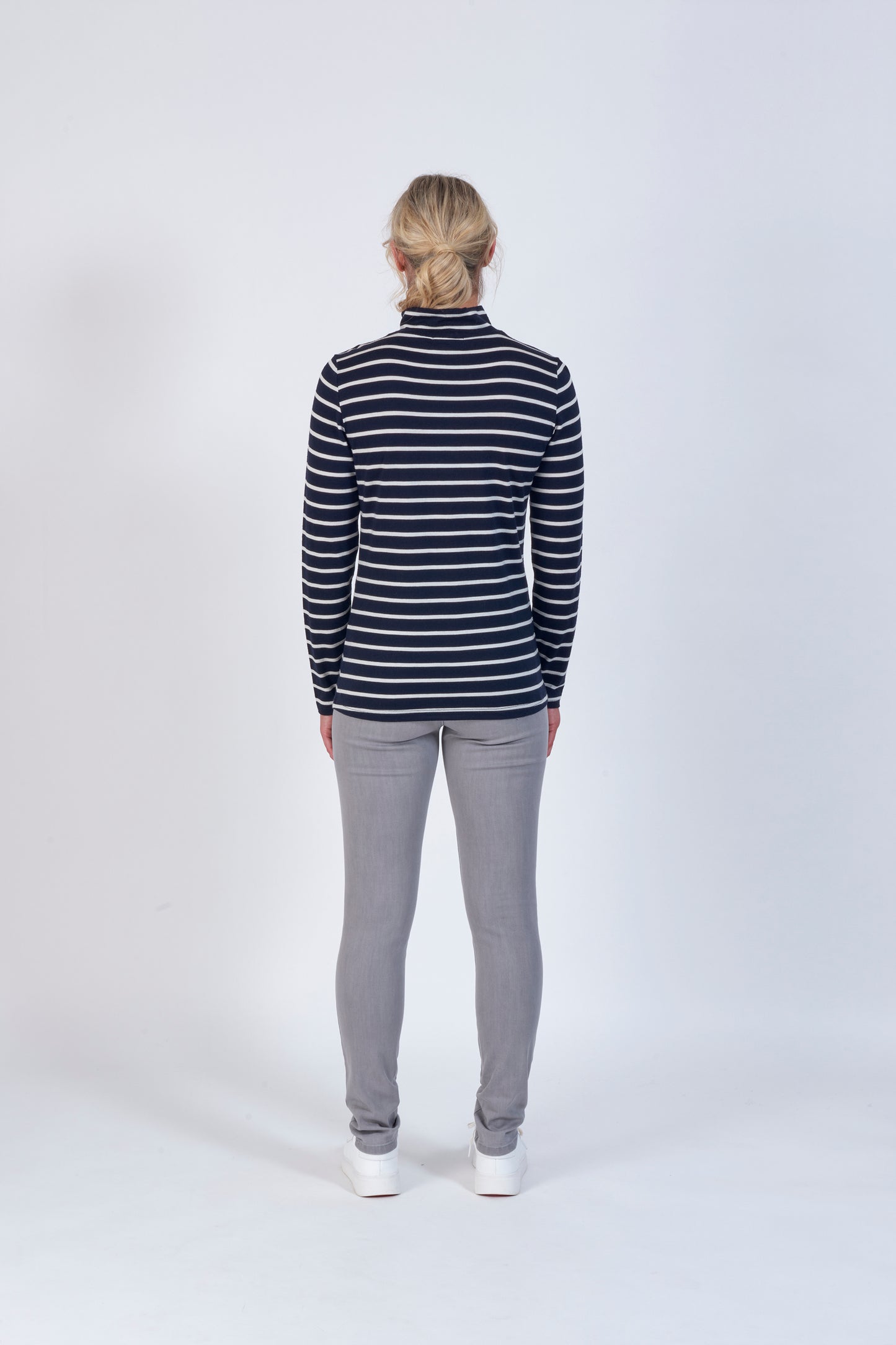 Vassalli's High Neck Top for women made from merino wool, in ink stripe colourway