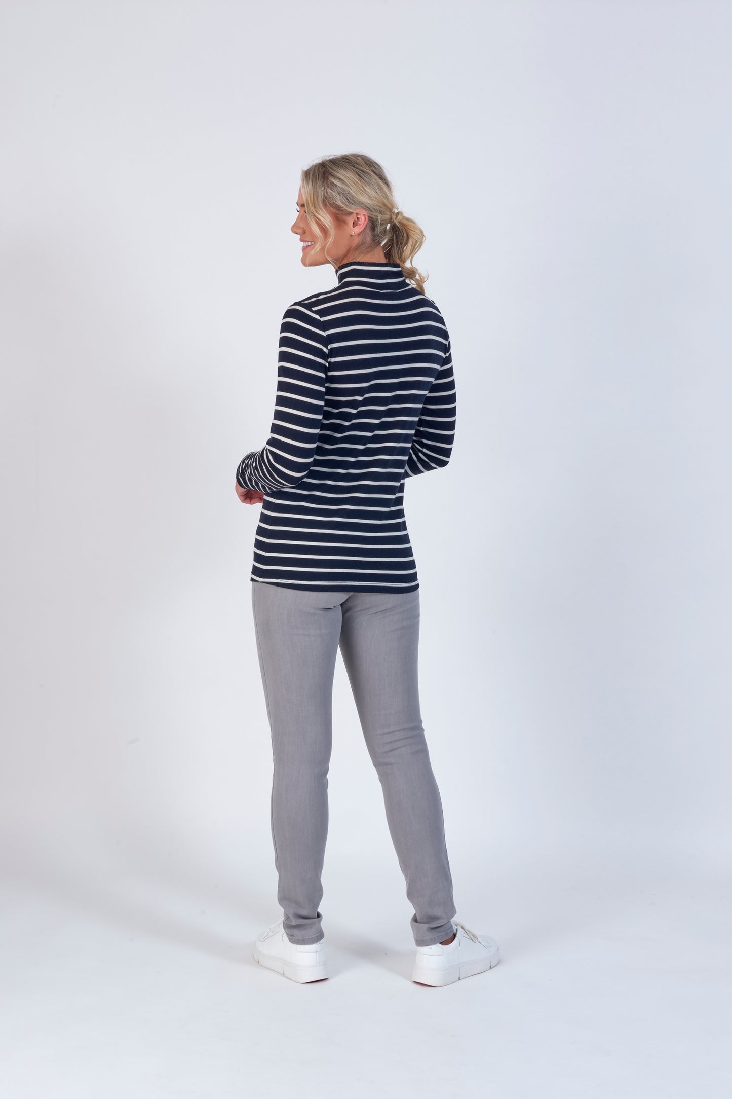 Vassalli's High Neck Top for women made from merino wool, in ink stripe colourway