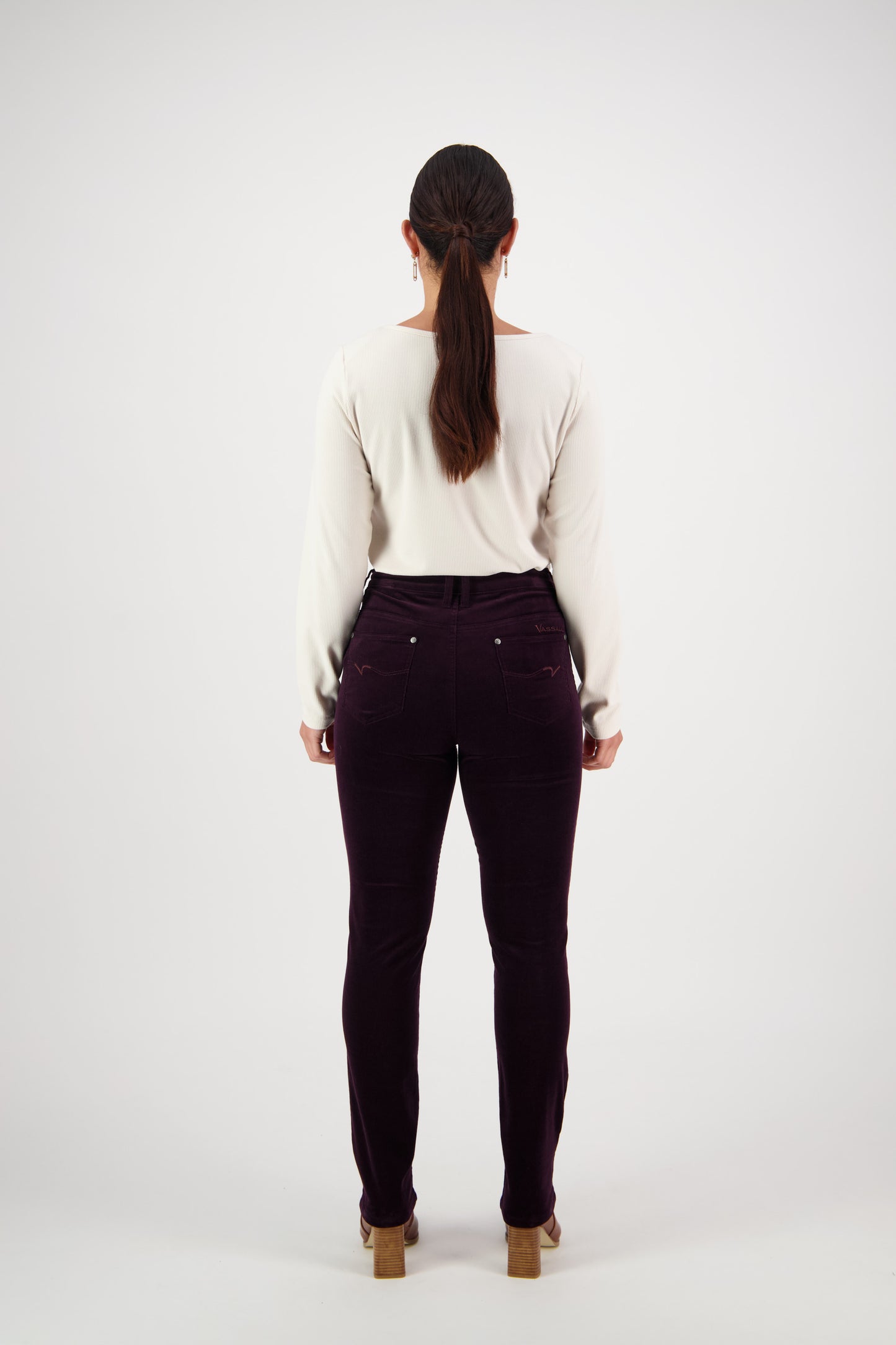 Vassalli's Narrow leg Pinwale Cord pants for women in Mulberry, back view of classic corduroy pants