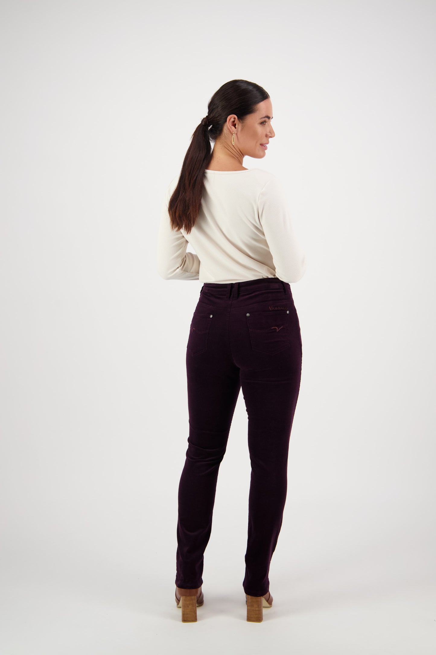 Vassalli's Narrow leg Pinwale Cord pants for women in Mulberry, back view of ladies trousers