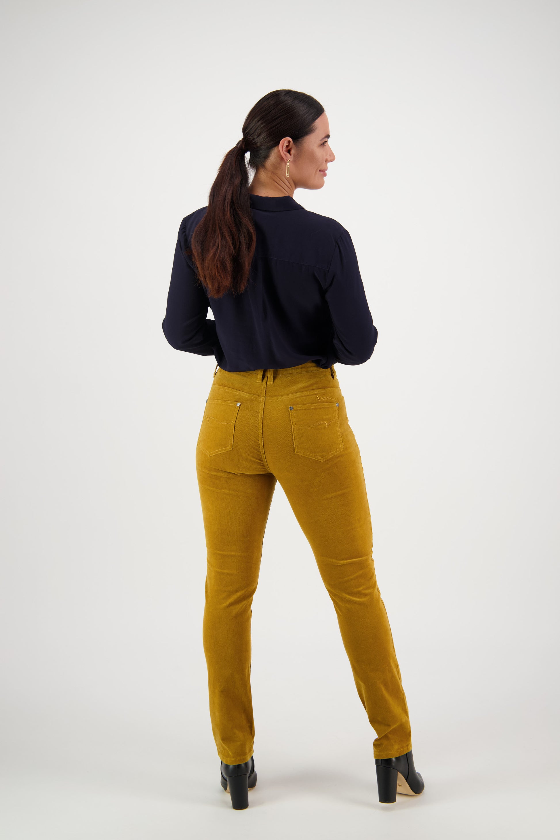 Vassalli's Narrow leg Pinwale Cord Pants for women in Mustard, back view of ladies trousers