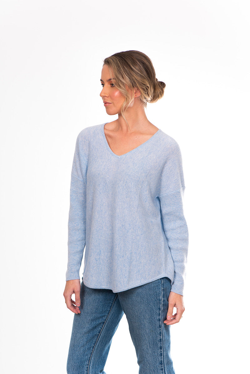 Bridge and Lord women's Cashmere Vee Pullover in denim