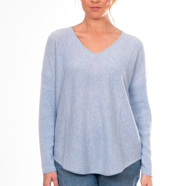 Bridge and Lord women's Cashmere Vee Pullover in denim