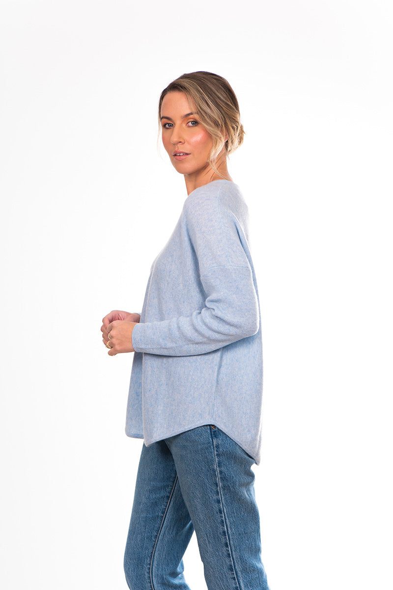 Bridge and Lord women's Cashmere Vee Pullover in denim