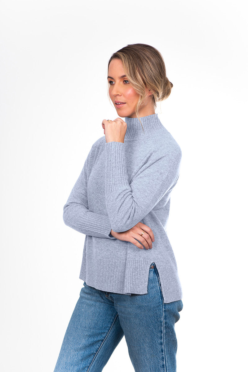 Bridge and Lord women's Cashmere Raglan high neck pullover in denim