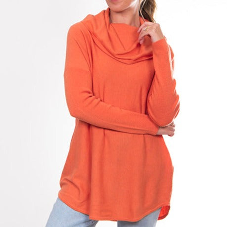 Bridge and Lord's women's curved hem cowl neck pullover in apricot crush