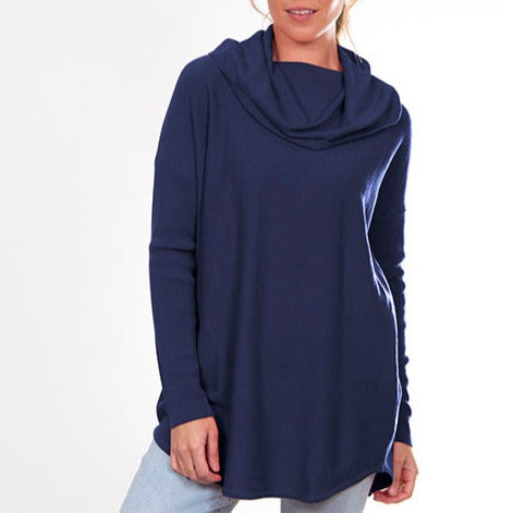 Bridge and Lord women's curved hem cowl neck jumper in navy.