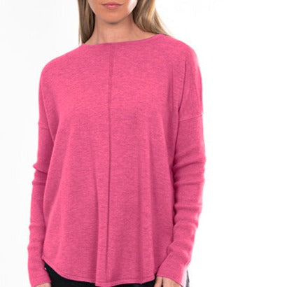 Bridge and Lord's women's Curved Hem Crew Pullover in pink rose.