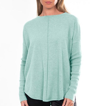 Bridge and Lord's women's Curved Hem Crew Pullover in sea foam.