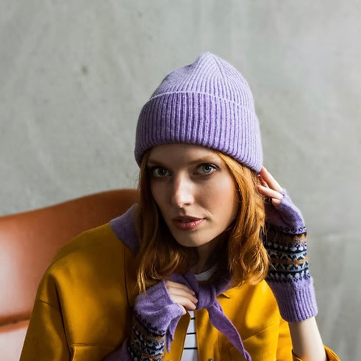 Beanie - ribbed unisex in heather purple. merino wool Scottish Knitwear