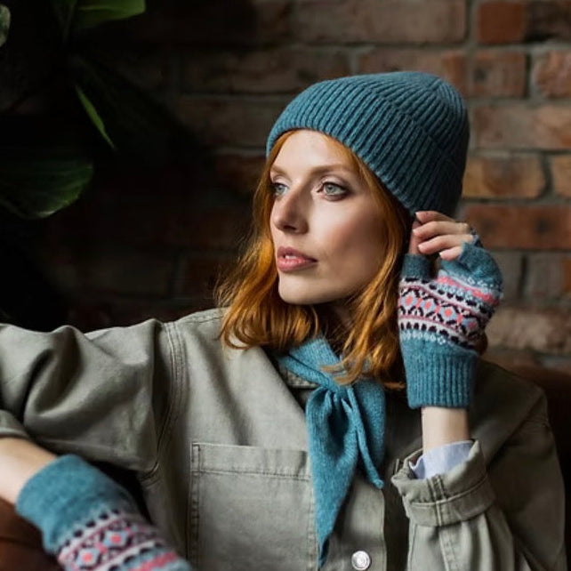 Beanie in teal or lichen. Ridded, unisex, merino wool, Scottish knitwear.