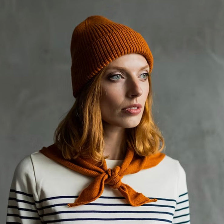 Beanie in dark oprange or rust. Ribbed unisex, merino wool, Scottish Knitwear.