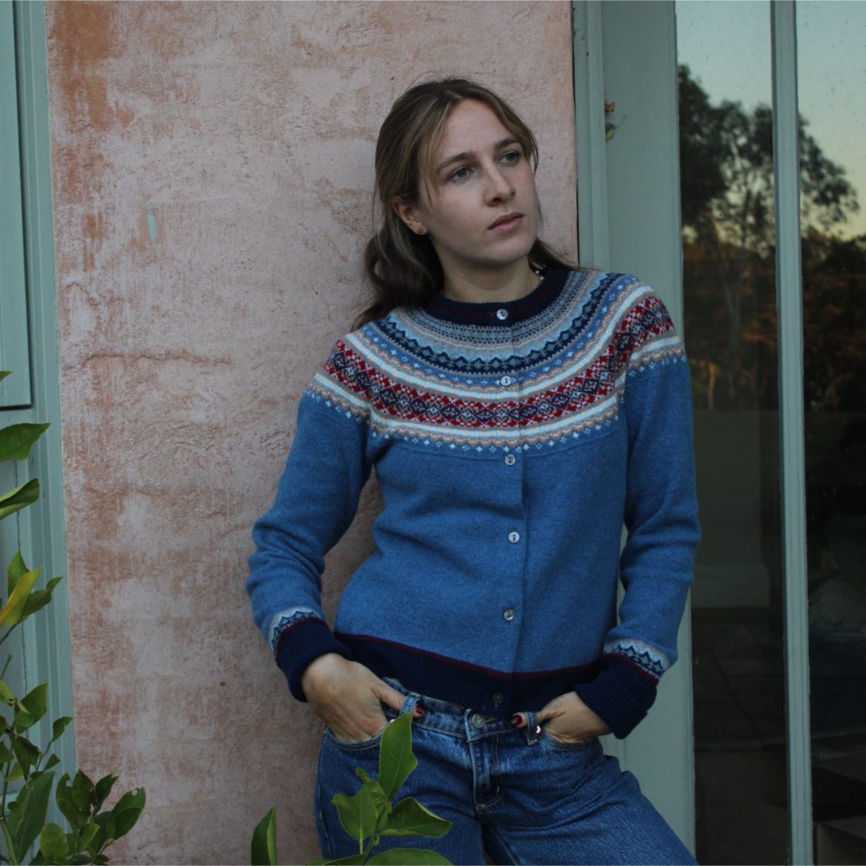 Eribé's Alpine Short Cardigan in Blue Morning, merino wool knitwear for women