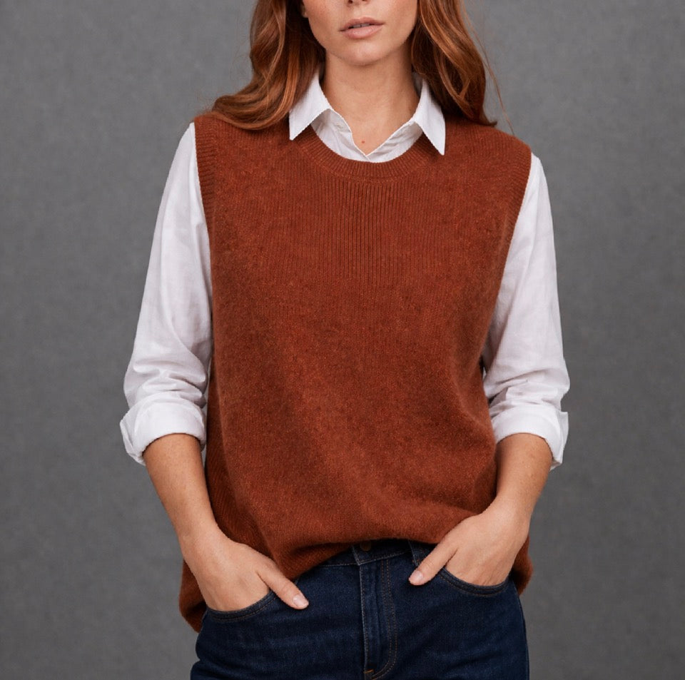 Woman wearing Merino brown vest by Bridge and Lord