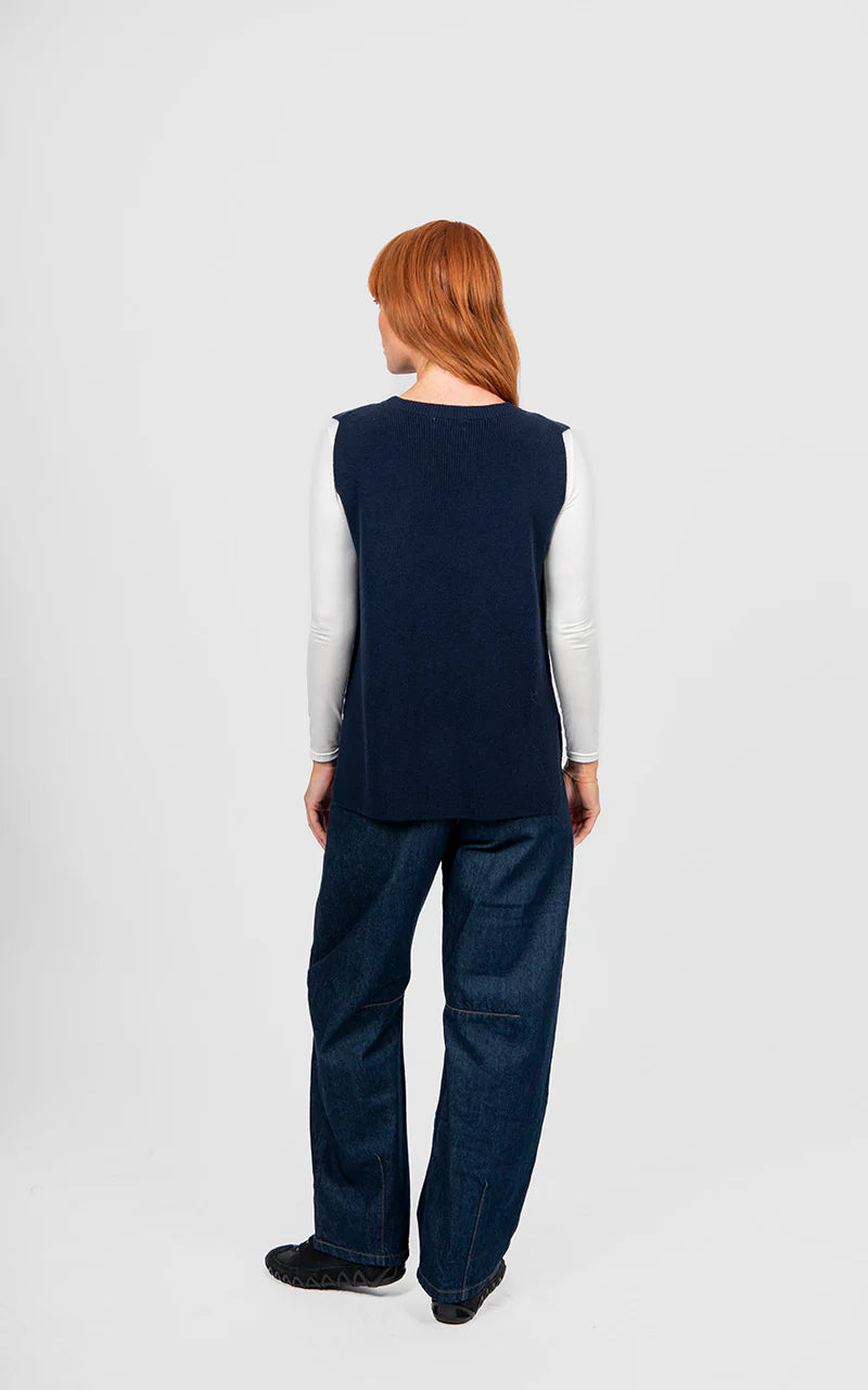 Woman wearing the Bridge and Lord Crew Neck Vest in Ink 