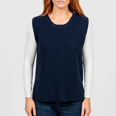 Woman wearing the Bridge and Lord Crew Neck Vest in Ink 