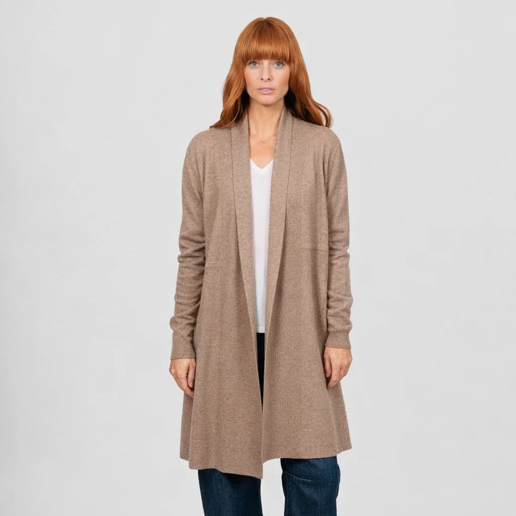 Woman wearing the Bridge and Lord Edge to Edge cardigan in Cobblestone