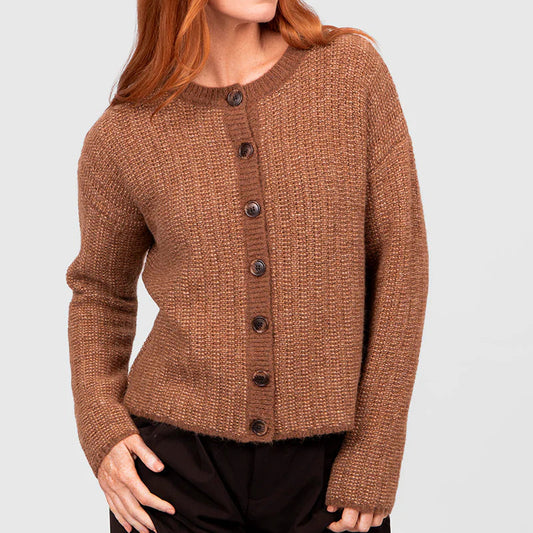 Woman wearing the Bridge and Lord Links Stripe Cardigan in Cognac