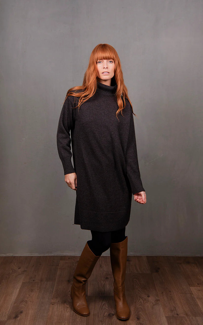 Woman wearing the Bridge and Lord Sweater Dress made with Merino in Chocolate brown