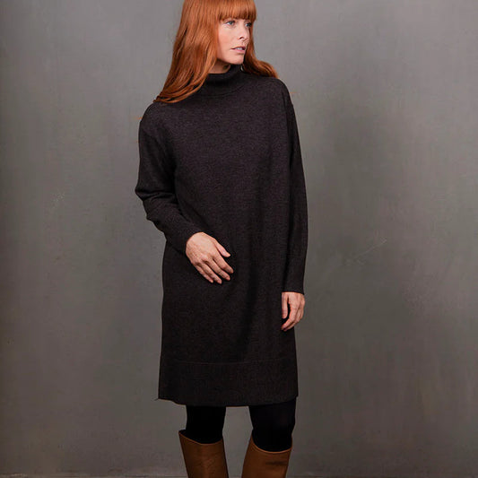 Woman wearing the Bridge and Lord Sweater Dress made with Merino in Chocolate brown