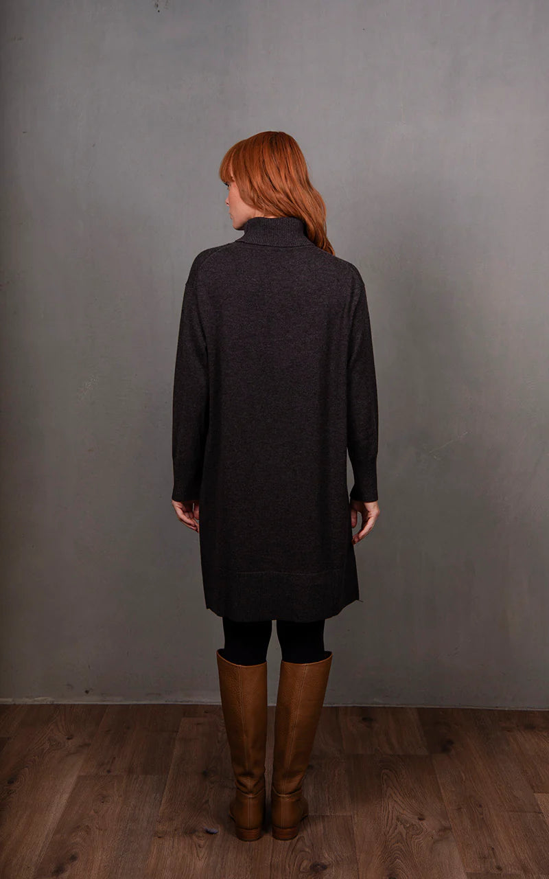 Woman wearing the Bridge and Lord Sweater Dress made with Merino in Chocolate brown