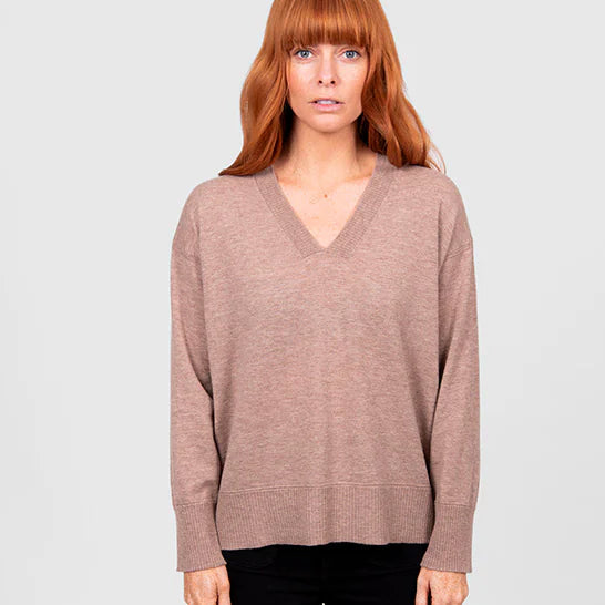 Woman wearing the Bridge and Lord Vee Neck Jumper with trim in Cobblestone