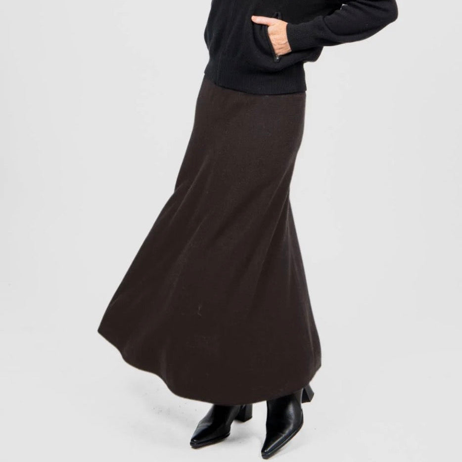 Woman wearing the Flared Skirt in Chocolate by Bridge and Lord