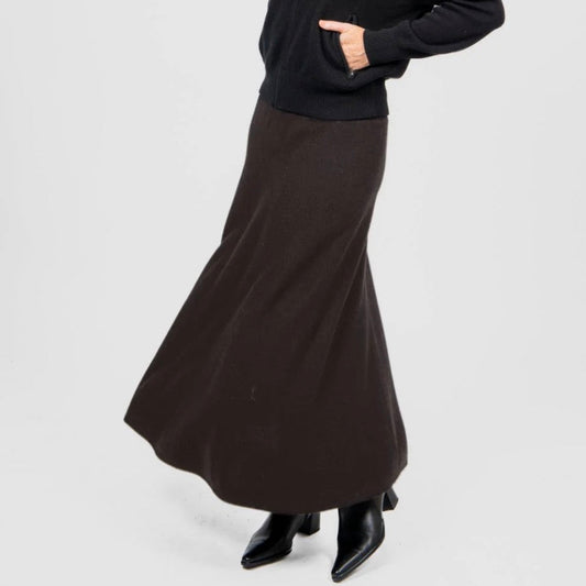 Woman wearing the Flared Skirt in Chocolate by Bridge and Lord