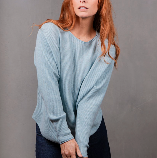 Woman wearing the Dolman Sleeves Rib Jumper in Aquamarine blue by Bridge and Lord