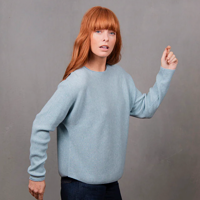 Woman wearing the Dolman Sleeves Rib Jumper in Aquamarine blue by Bridge and Lord