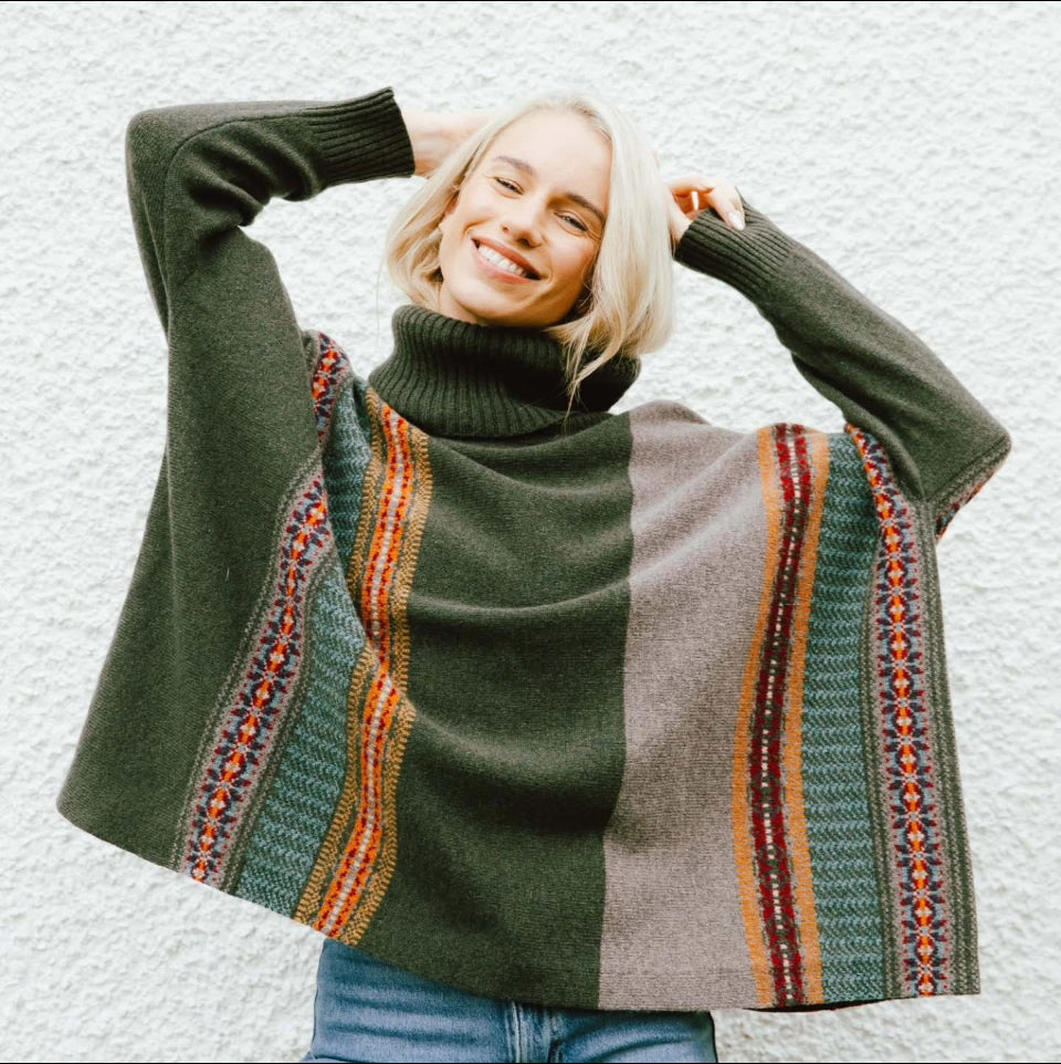 Eribe's Montrose Cowl Fair Isle Sweater in Bracken green