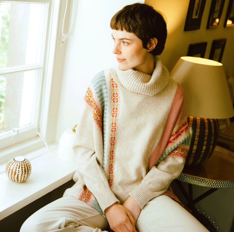 Woman wearing the Montrose Cowl Sweater in Honey