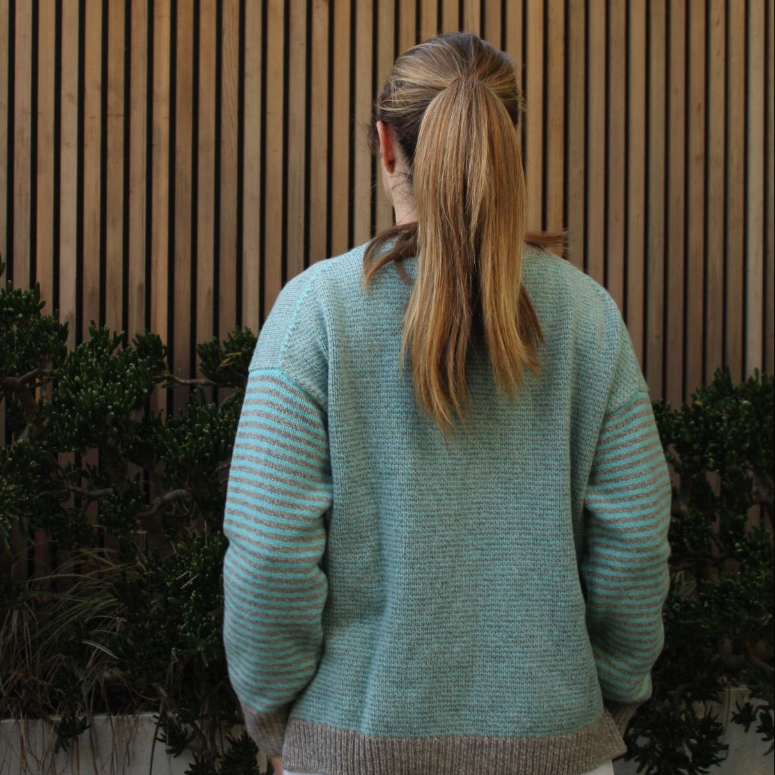 Women's Fisherman Out Of Ireland Striped Crew Jumper in Aqua and Mushroom