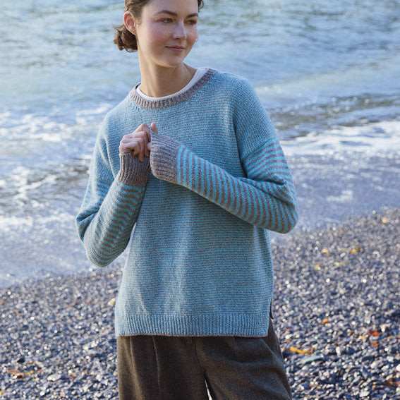 Fisherman Out Of Ireland Stripe Crew Jumper in Mushroom and Aqua. Merino Wool, quality knitwear.