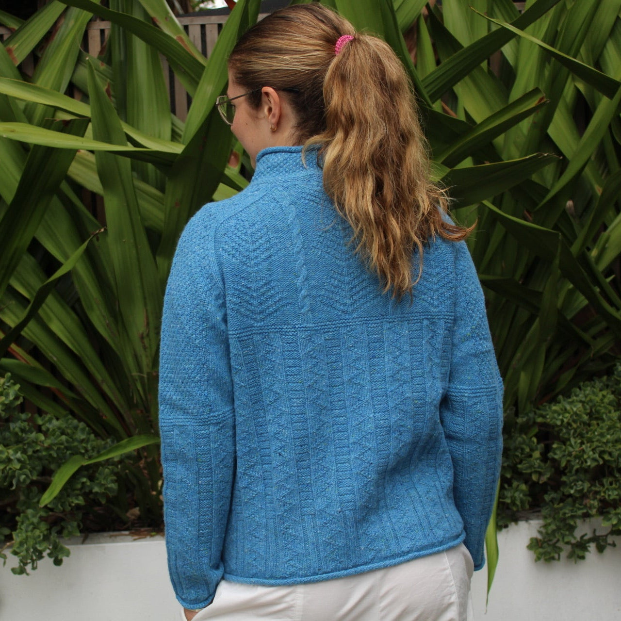 Back of the Aran tunic wool sweater by Harley of Scotland in Coll blue