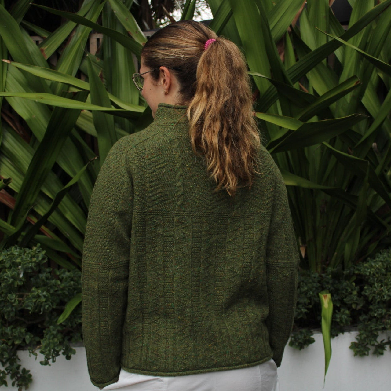 Back of the Aran cable Tunic sweater by Harley of Scotland in Raasay green