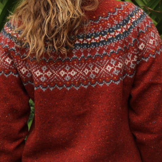 Woollen Chunky Fairisle Nep wool Cardigan in Hoy red by Harley of Scotland