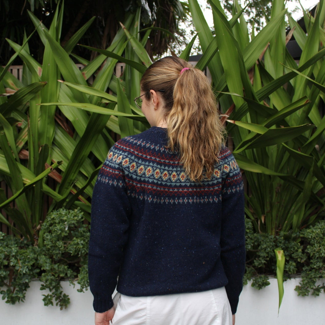 Back view of the wool nep Fairisle Jumper by Harley of Scotland in Jura blue