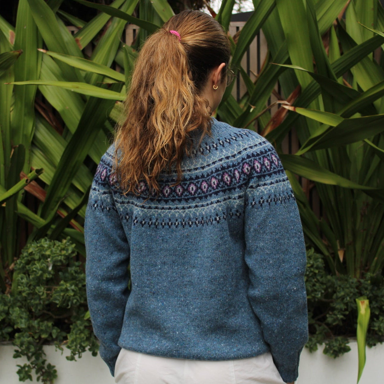 Back of the Fairisle wool nep Jumper by Harley of Scotland in Ossian blue