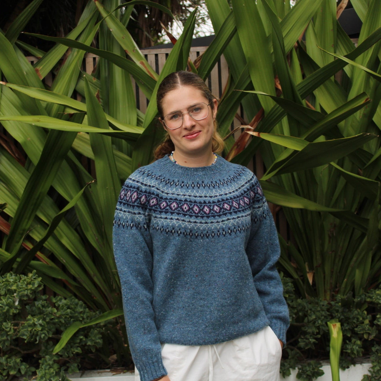 Woman wearing the Fairisle wool nep Jumper by Harley of Scotland in Ossian blue
