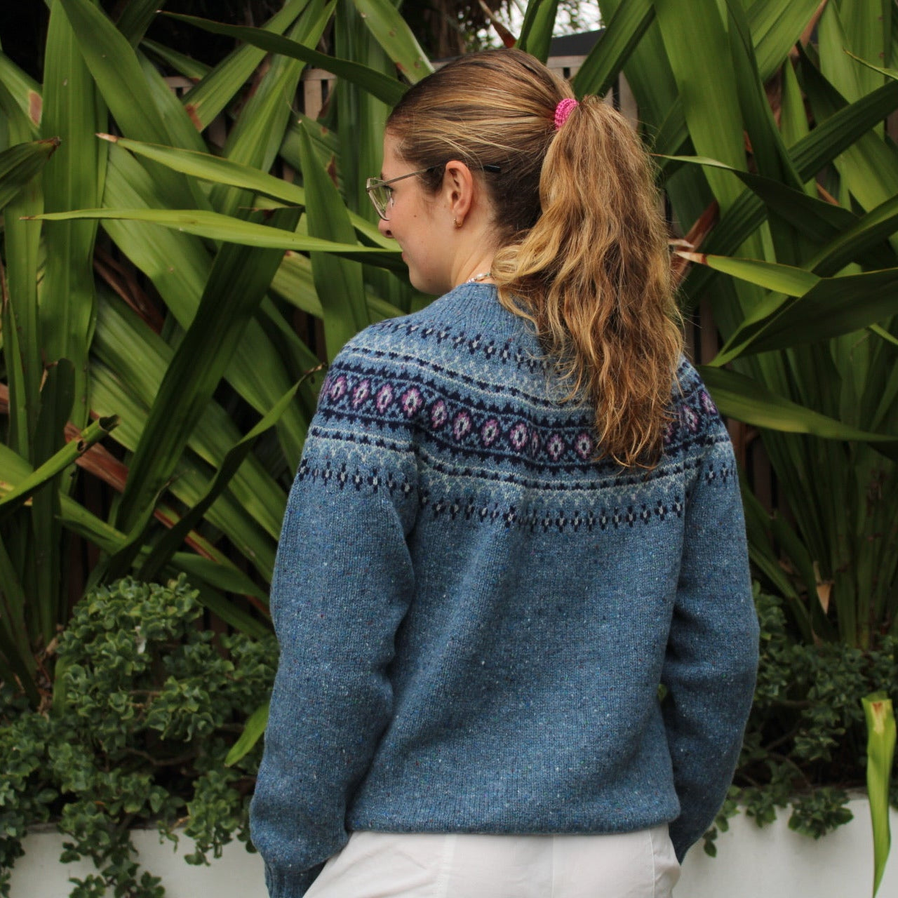 Back of the Fairisle wool nep Jumper by Harley of Scotland in Ossian blue