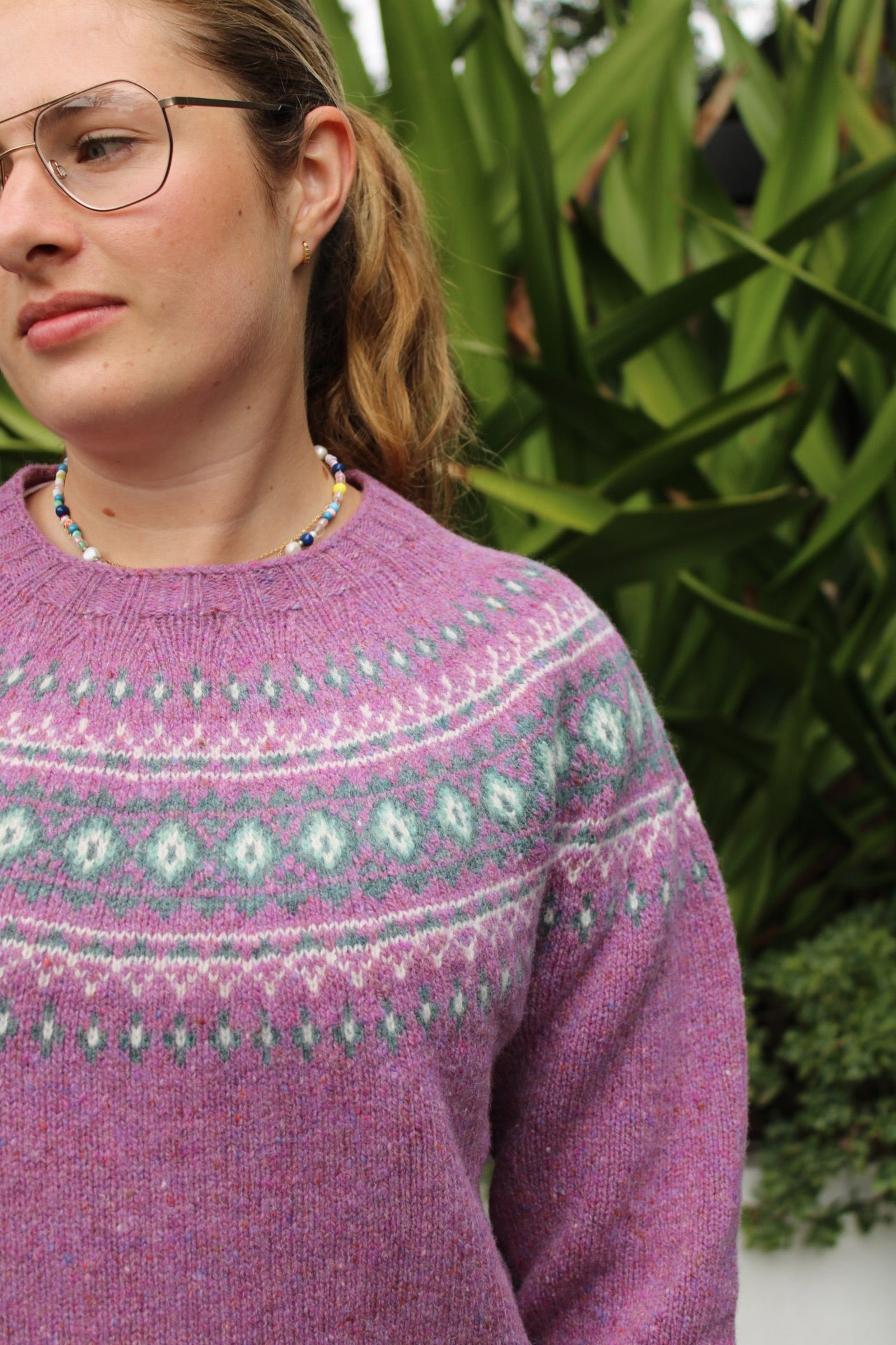 Close up of Fairisle Nep Woollen Jumper yoke in Shuna purple