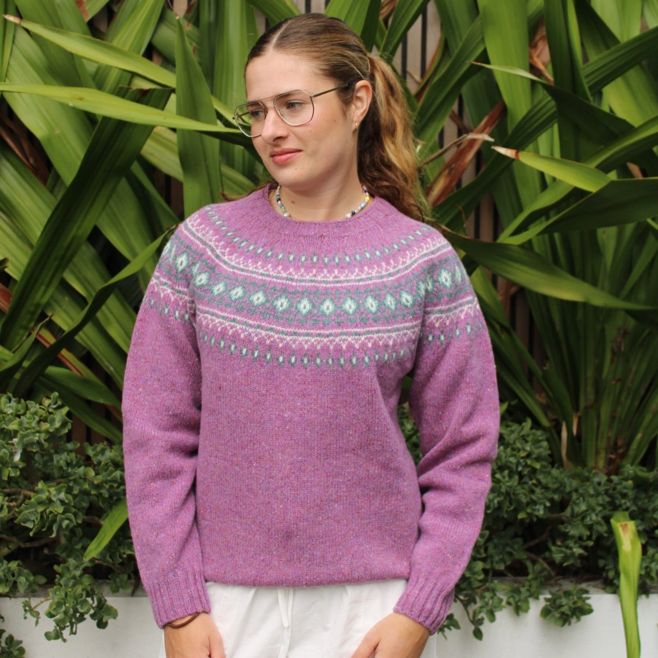Woman wearing Harley of Scotland Fairisle Nep Woollen Jumper in Shuna purple
