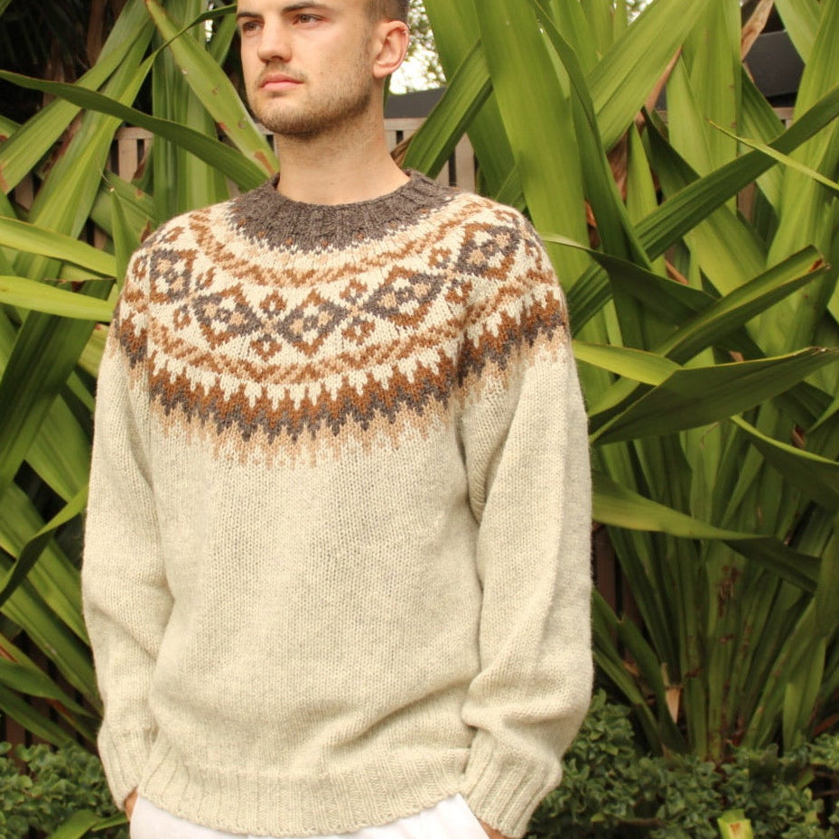 Man wearing the Chunky wool Fairisle Sweater in Portland by Harley of Scotland