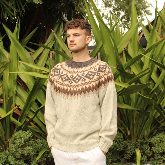Man wearing the Chunky wool Fairisle Sweater in Portland by Harley of Scotland