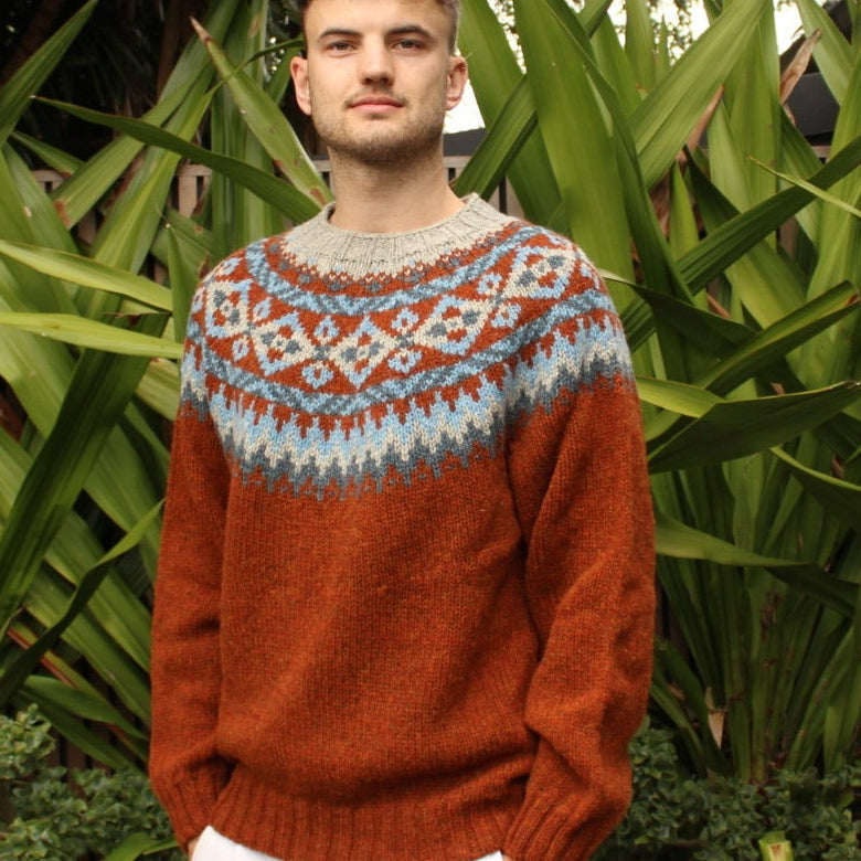 Man wearing the Chunky wool Fairisle Sweater in Rowan by Harley of Scotland